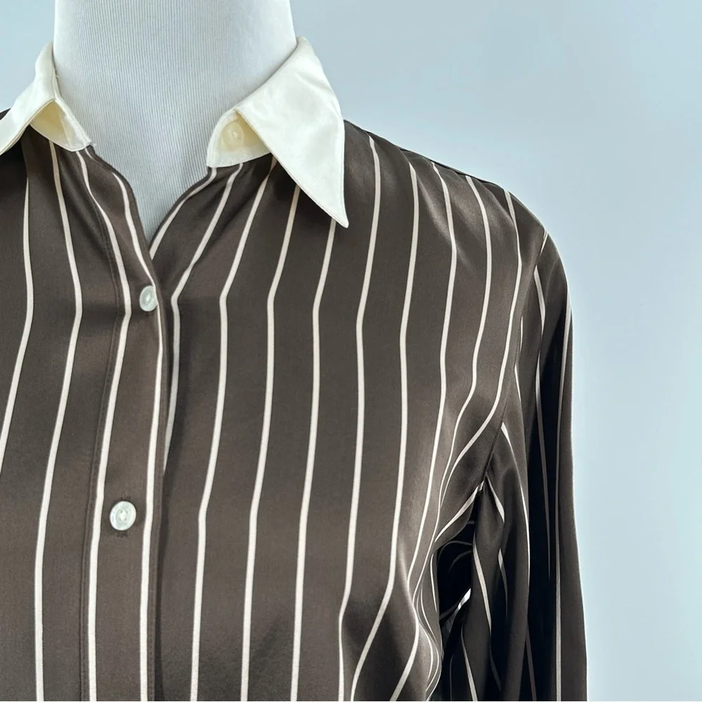 Lauren Ralph Lauren button down top 4P 100% silk brown cream stripes career